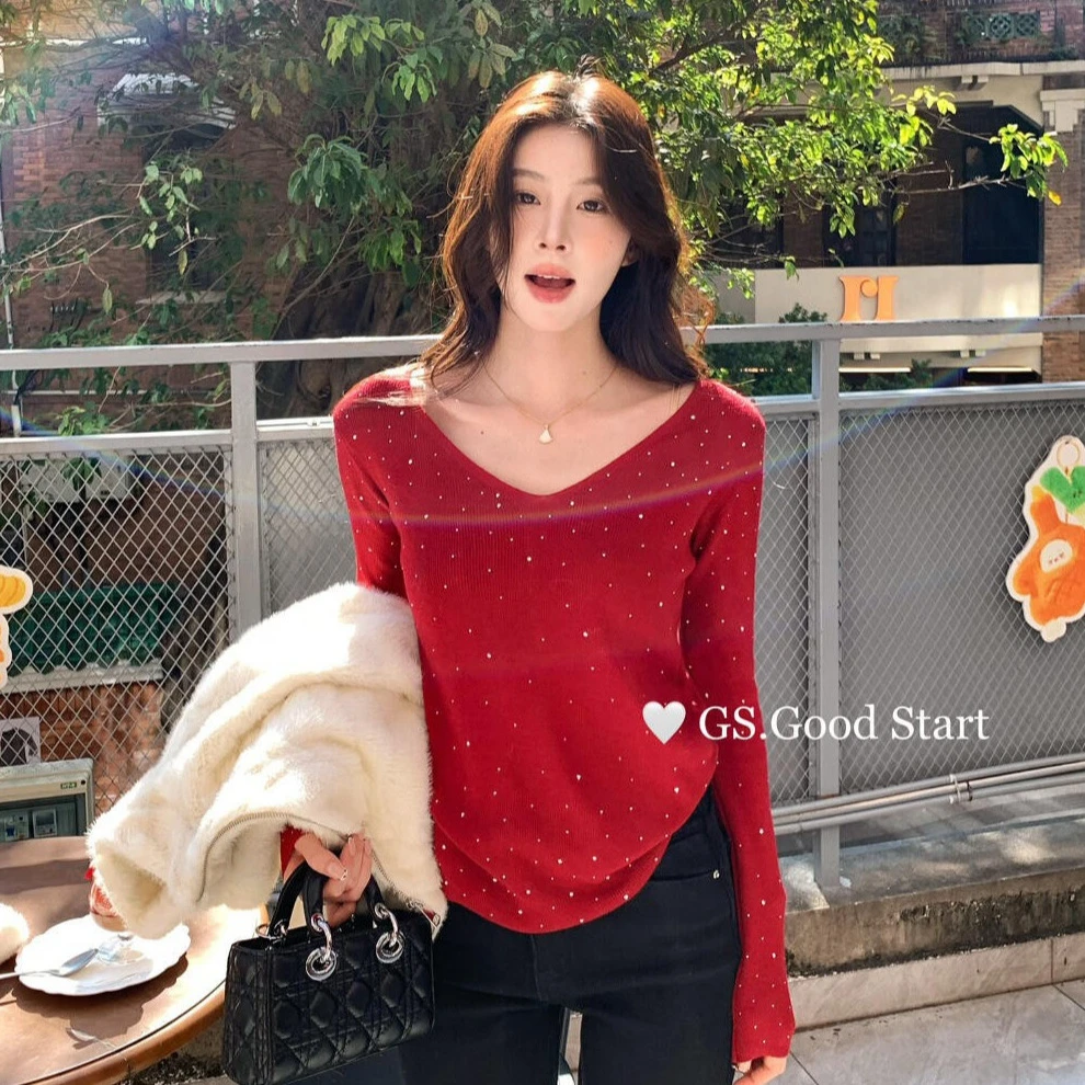 GS.GOODSTART冬季法式纯欲风松弛感烫钻百搭V领长袖针织衫G7822