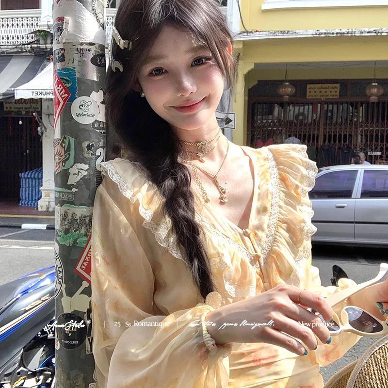 长岛冰茶/中长款印花雪纺长袖v领连衣裙女春季法式复古裙子