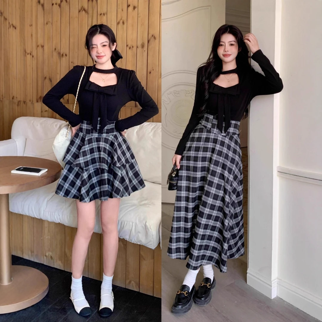 大码女韩穿搭套装裙春季蝴蝶结上衣胖MM显瘦格子束腰裙两件套