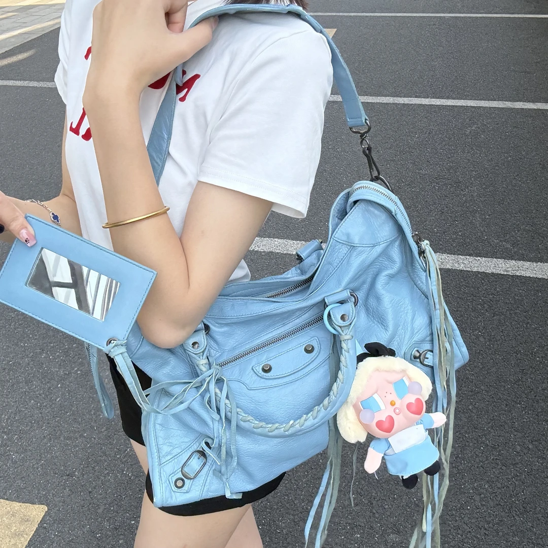 95新 Balenciaga/巴黎世家 婴儿蓝机车托特中号单肩包