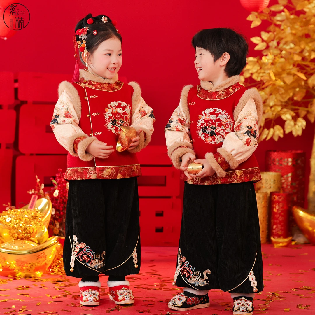 汉服2026马年新款冬装姐弟新年装女童古风唐装男童过年拜年服