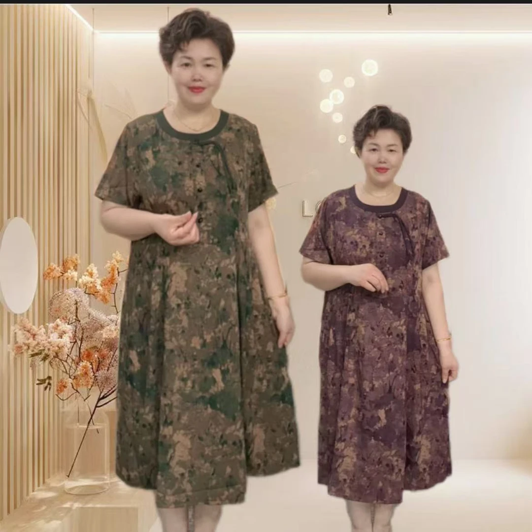 夏季中老年过膝国风连衣裙大码气质时尚中长款宽松洋气印花连衣裙