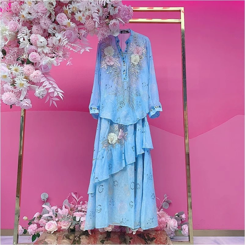 A2226欧美设计师2025夏季新款重工钉钻拼接立体钩花时尚套装裙女