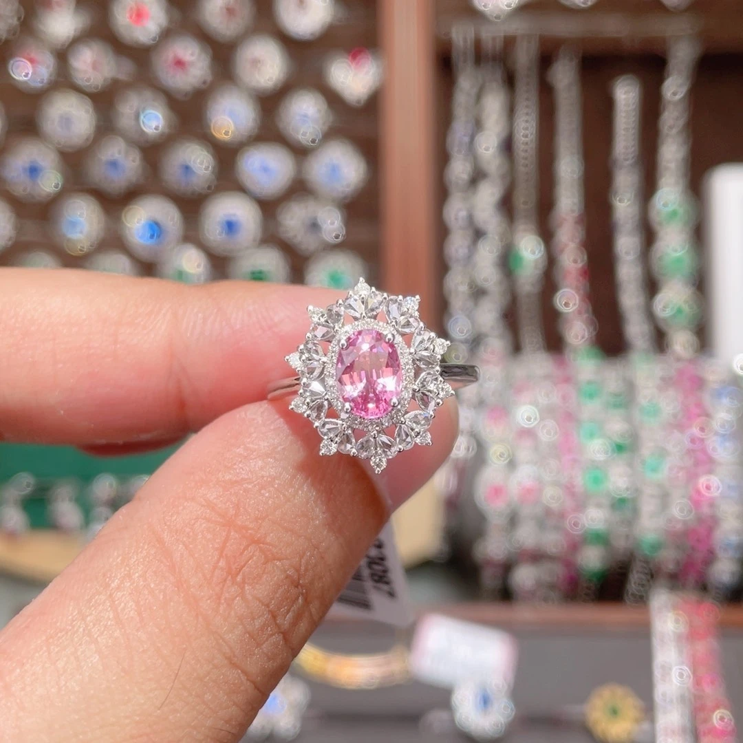 戒指彩色蓝宝石18K金镶嵌1.28ct 无烧帕帕