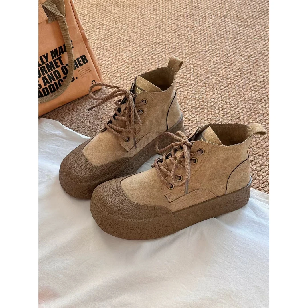 3275卡其复古厚底休闲板鞋女2024新款学生小众高帮鞋子潮流休闲鞋