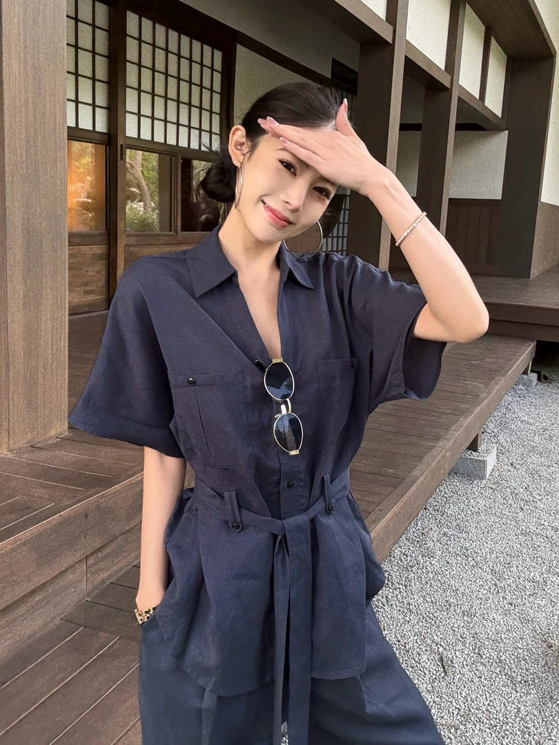 休闲工装翻领老钱风套装短袖衬衫高腰阔腿裤两件套装套装