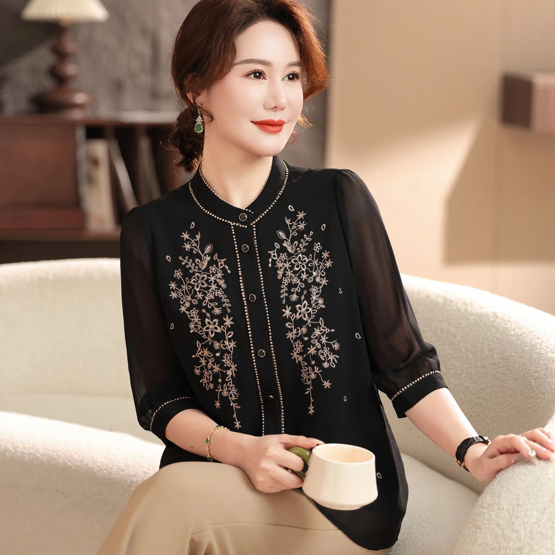 妈妈装春装衬衫七分袖洋气雪纺小衫中老年女母亲衣服气质上衣高贵