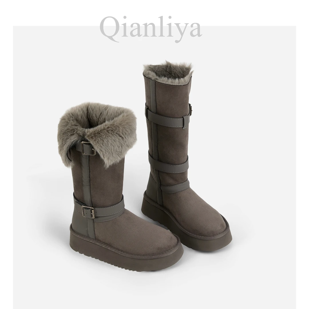 【QLY】—皮面绑带版秋冬大码平底厚跟朋克时尚雪地靴662