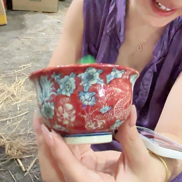 摆件景德镇高温陶瓷黄cc花龙杯