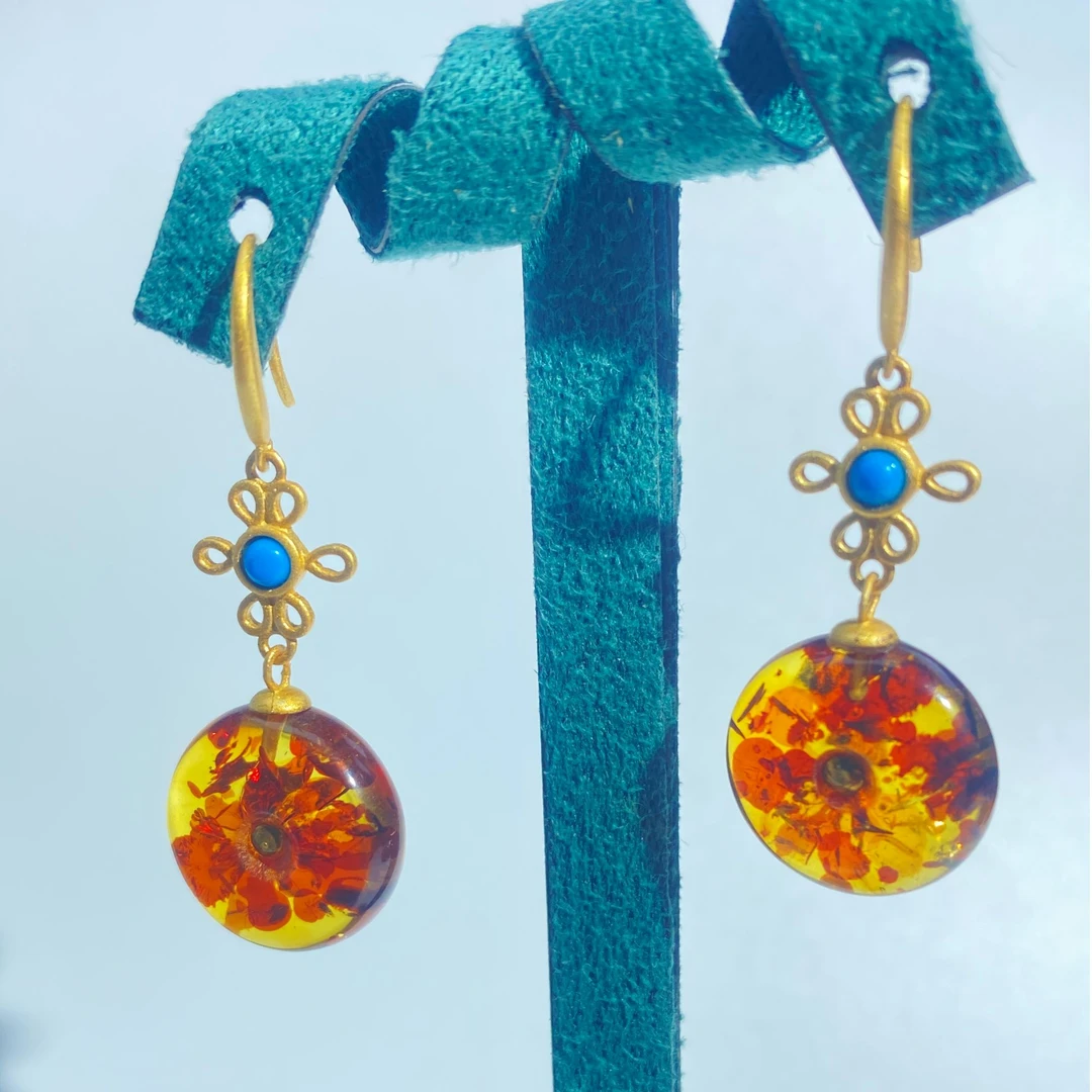 天然俄罗斯琥珀花珀耳坠净水满红花珀S925银（多样性发一）