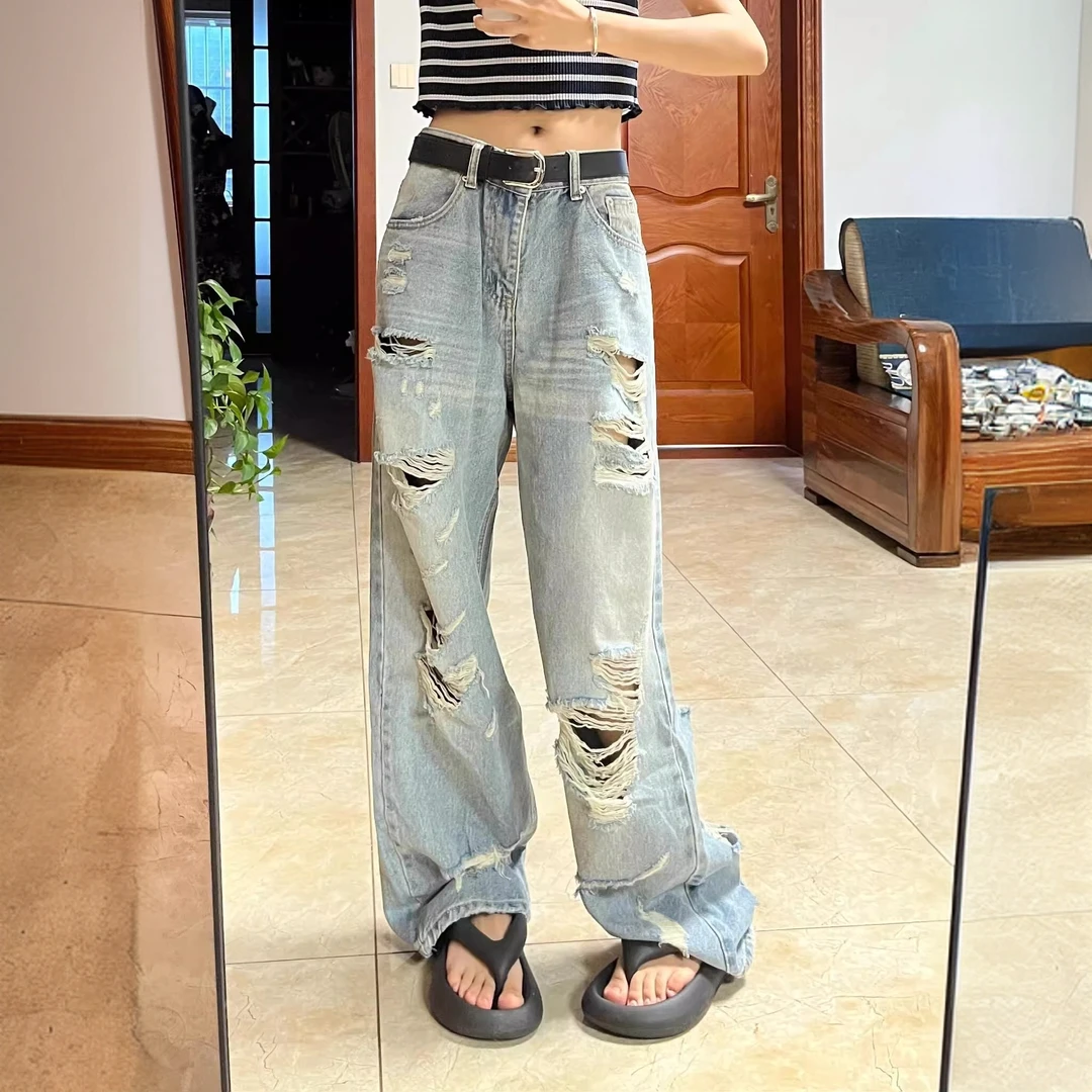 欧美街头破洞乞丐裤牛仔女2025秋季新款宽松直筒高腰拖地牛仔裤女