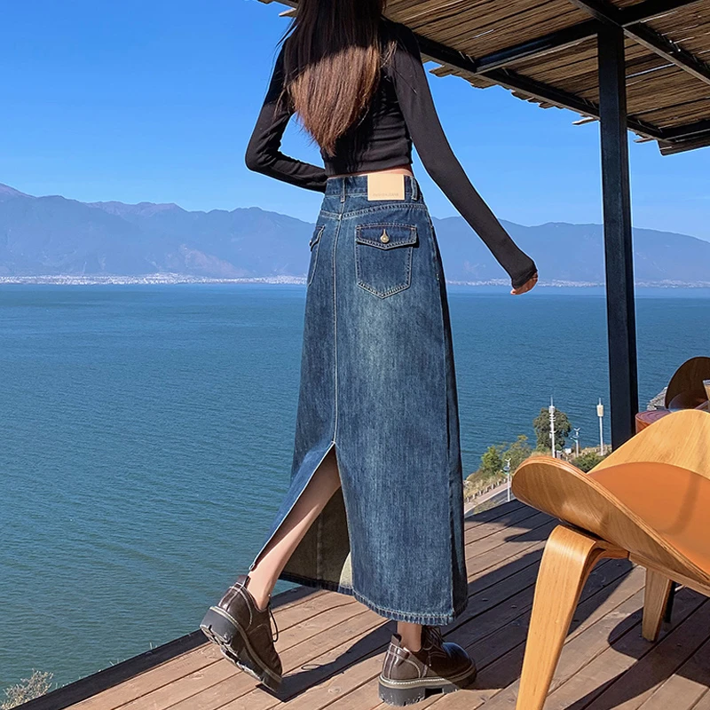 2331复古牛仔半身裙长款女2025秋冬季新款大码显瘦高腰a字直筒一