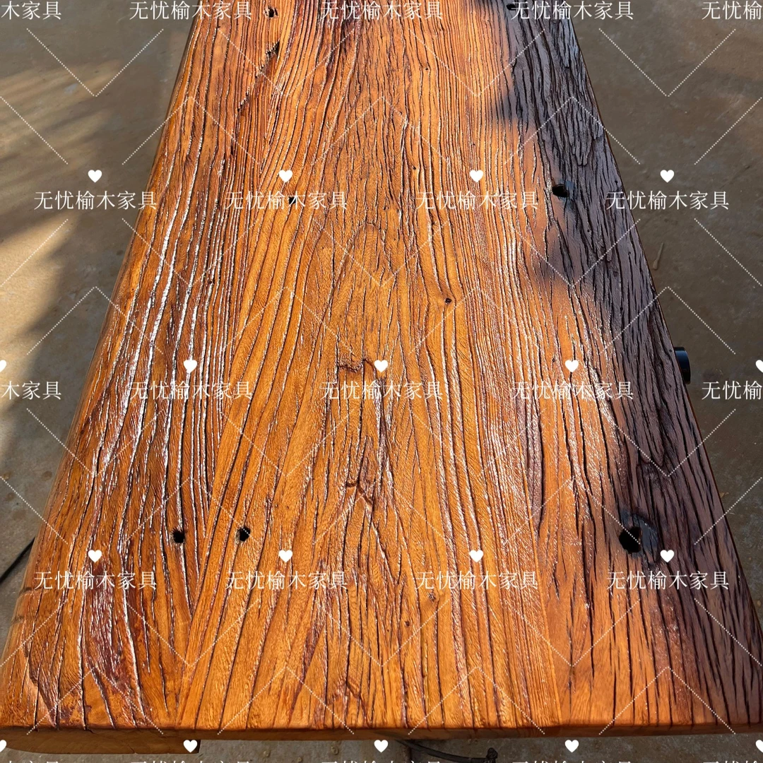百年榆木门板老料实木原木茶餐桌多功能长条复古诧寂风桌面板工厂