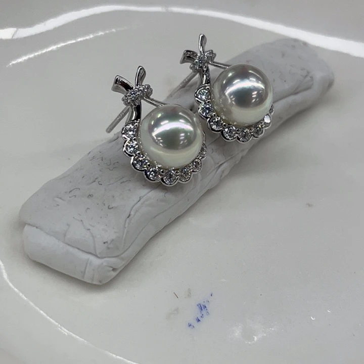 银S925镶嵌耳饰海水珍珠8-9