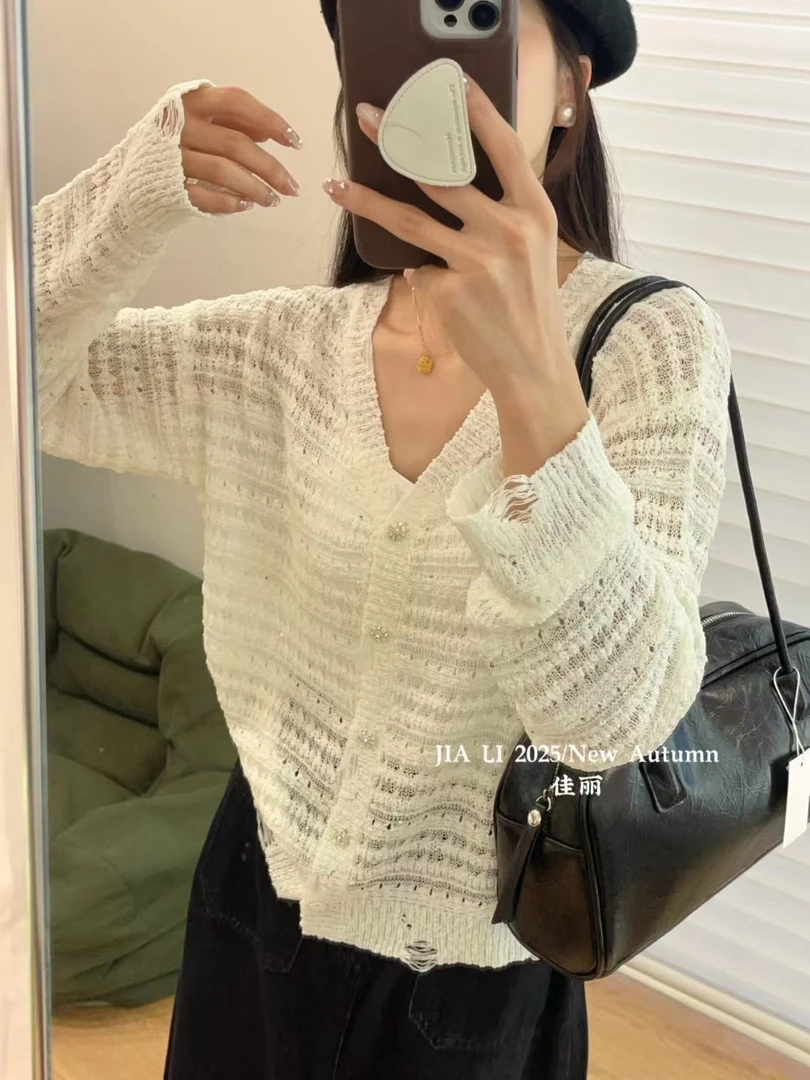 韩系高级感亮片镂空针织开衫薄款女外套v领罩衫外搭宽松洋气上衣