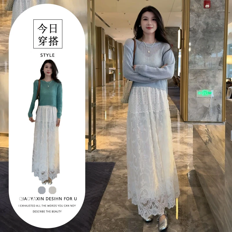 2025秋季新款后背纽扣设计感亮丝长袖罩衫上衣+蕾丝半身裙两件套