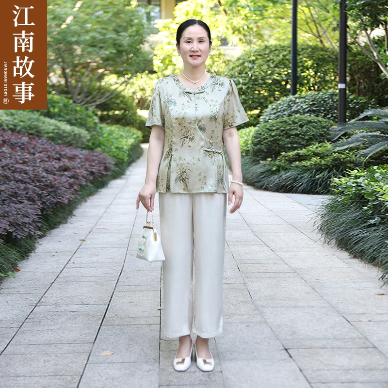 新中式妈妈装小衫套装50岁中老年女时尚印花上衣两件套