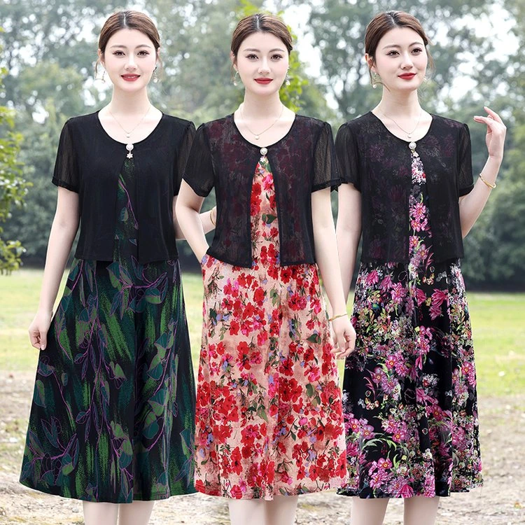 洋气妈妈夏季新款假两件连衣裙中年女士气质显瘦减龄带口袋中长裙