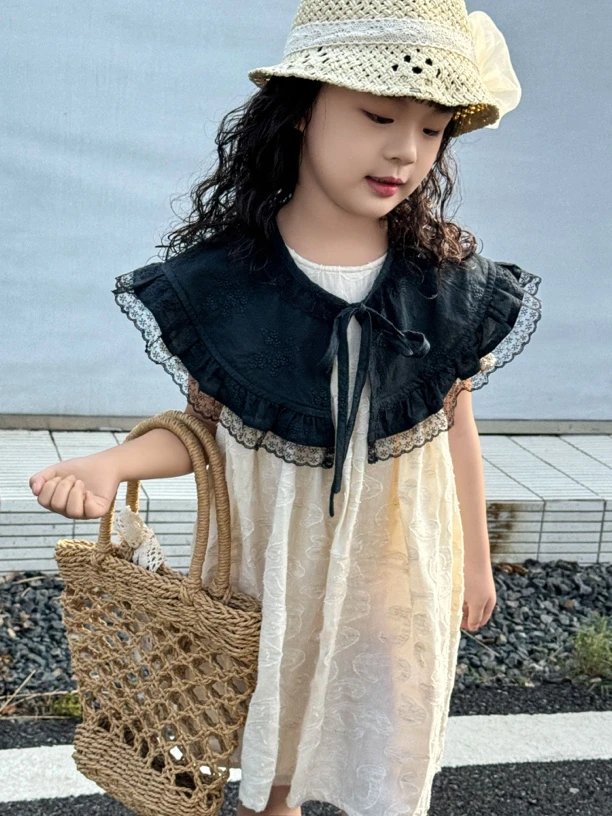 奕沐YIMU女童棉麻提花蕾丝小香风复古夏季连衣裙宝宝儿童两件套