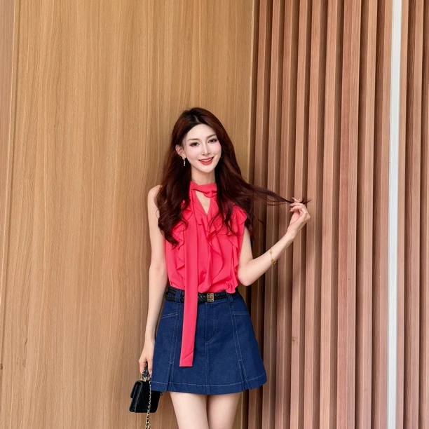 GIRDEAR/哥弟 「绯羽蝶裳」新款夏季飘带领衬衫无袖上衣T恤130022