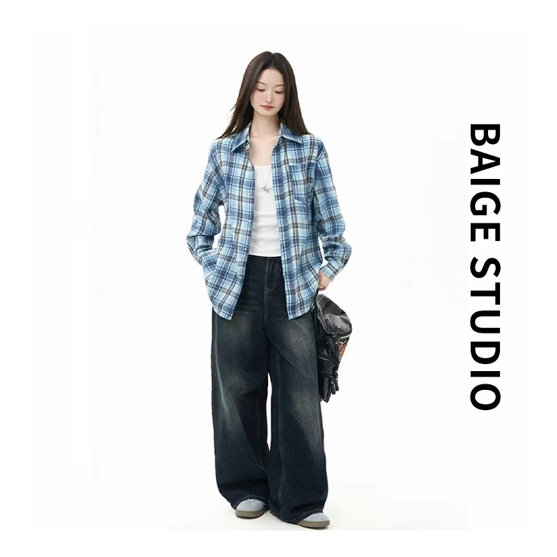 格子衬衫女款外穿春秋薄款慵懒风长袖衬衣叠穿上衣外套散步