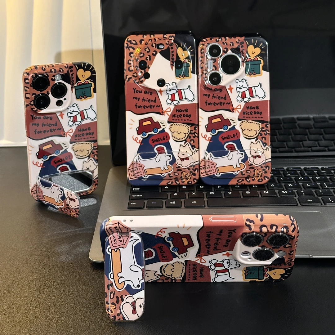 雅天立卡通复古小狗支架适用苹果16/17手机壳华为P70vivoppo小米