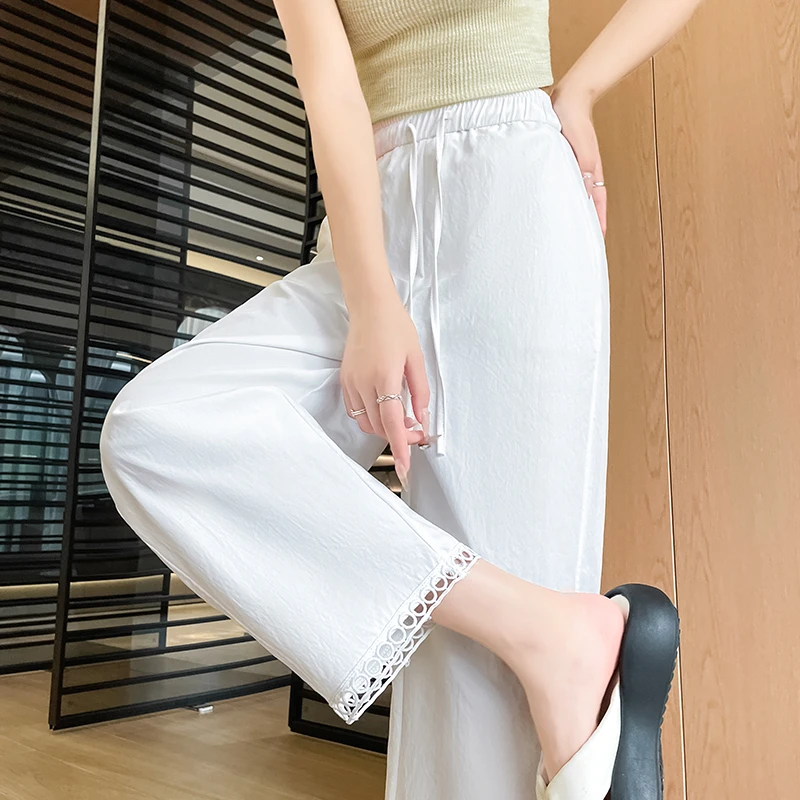冰丝八分哈伦裤女夏季薄款2025新款高腰蕾丝宽松九分休闲直筒裤子