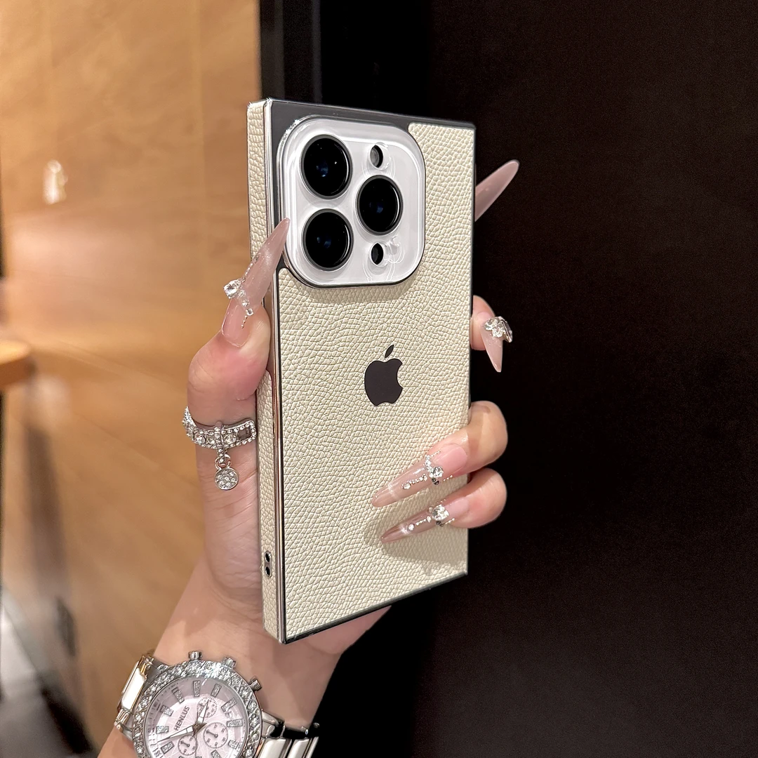 新款适用苹果16promax手机壳荔枝纹贴皮iphone15方形电镀14轻奢13