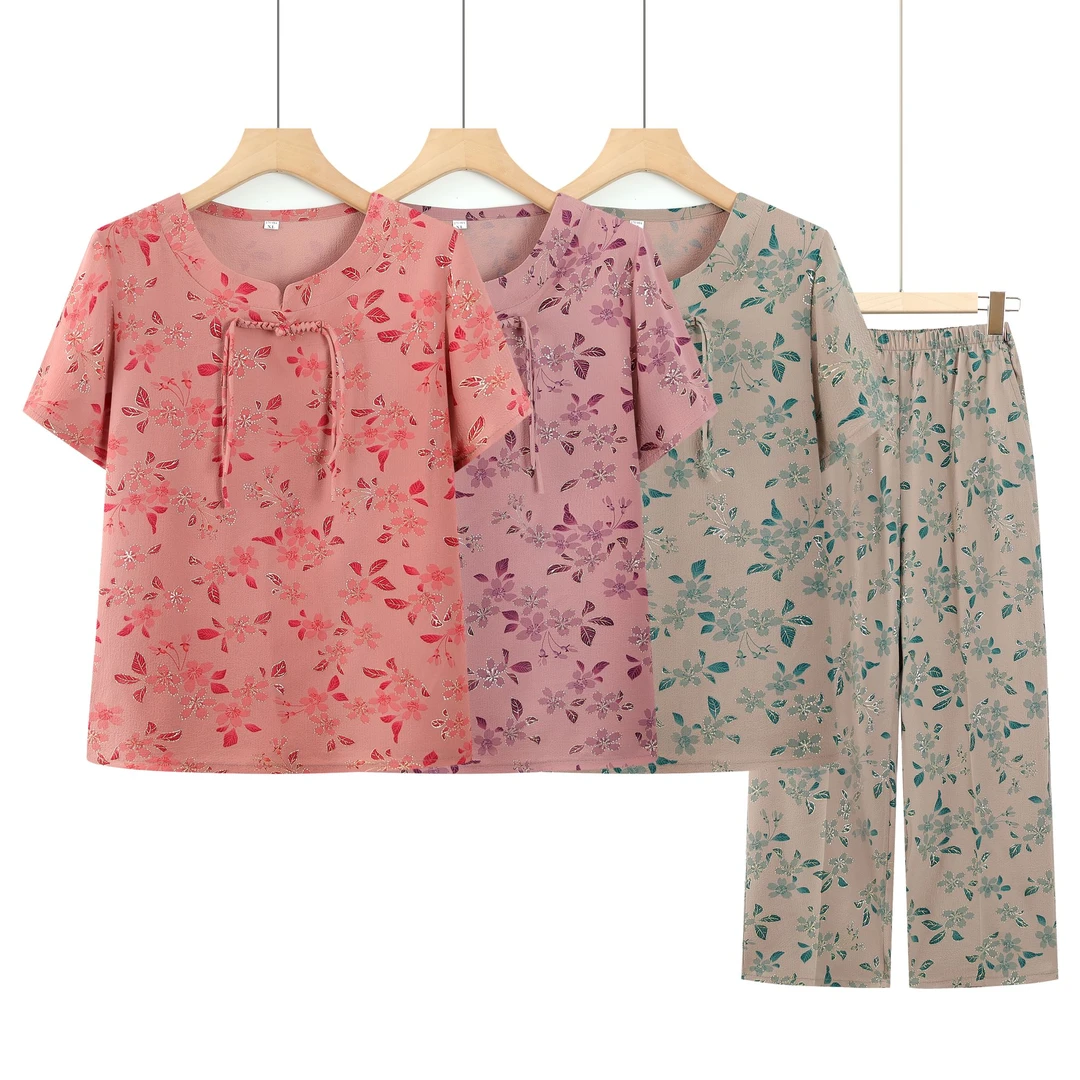 奶奶夏装套装中老年人短袖T恤女两件套70岁妈妈唐装薄衣服老太太