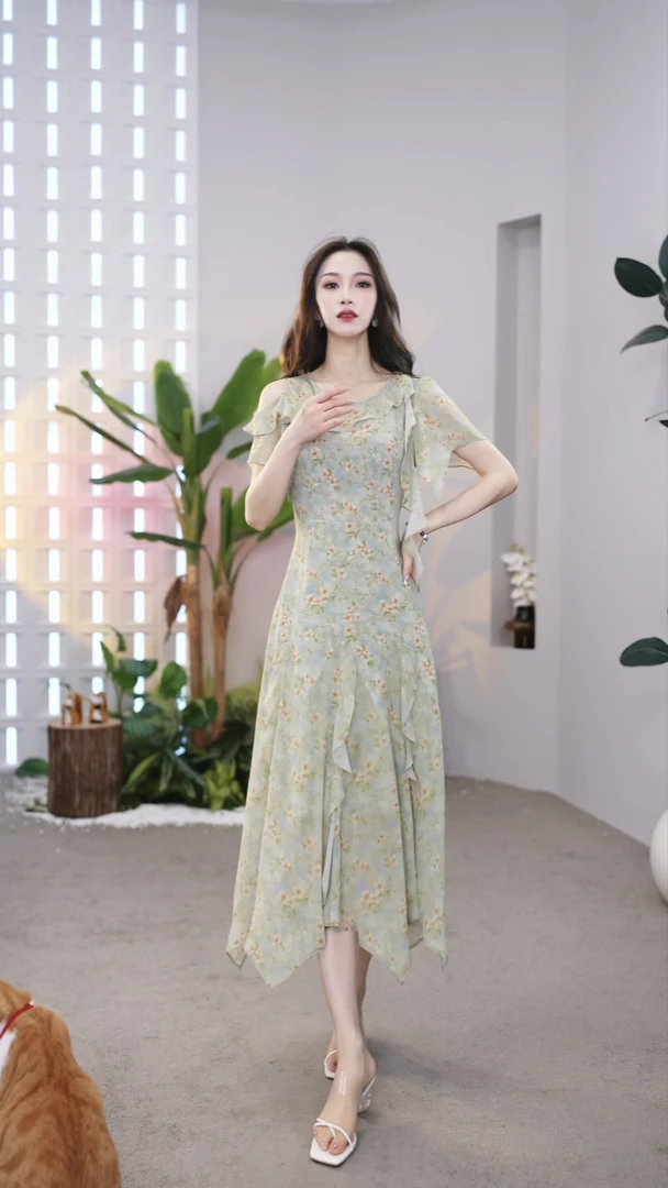 【BW】法式印花修身显瘦时尚气质设计夏季收腰碎花连衣裙-25-S70