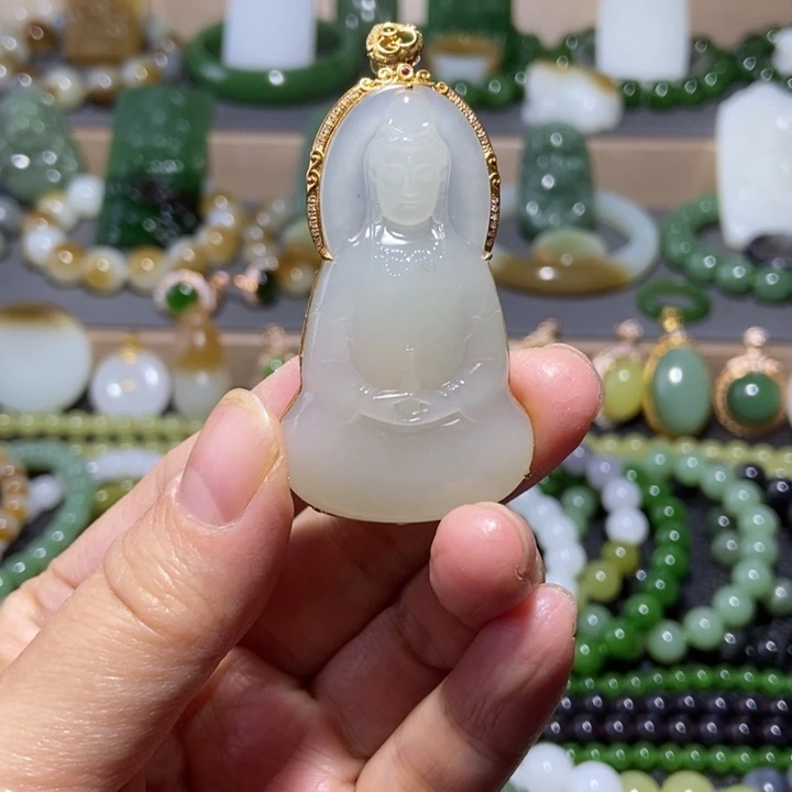 和田玉18K金镶嵌吊坠(不含链)