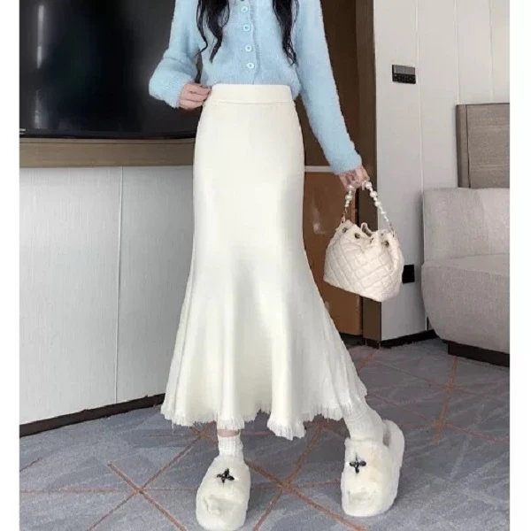 410鱼尾裙针织半身裙女装高腰包臀垂坠感中长裙气质百搭时尚韩系