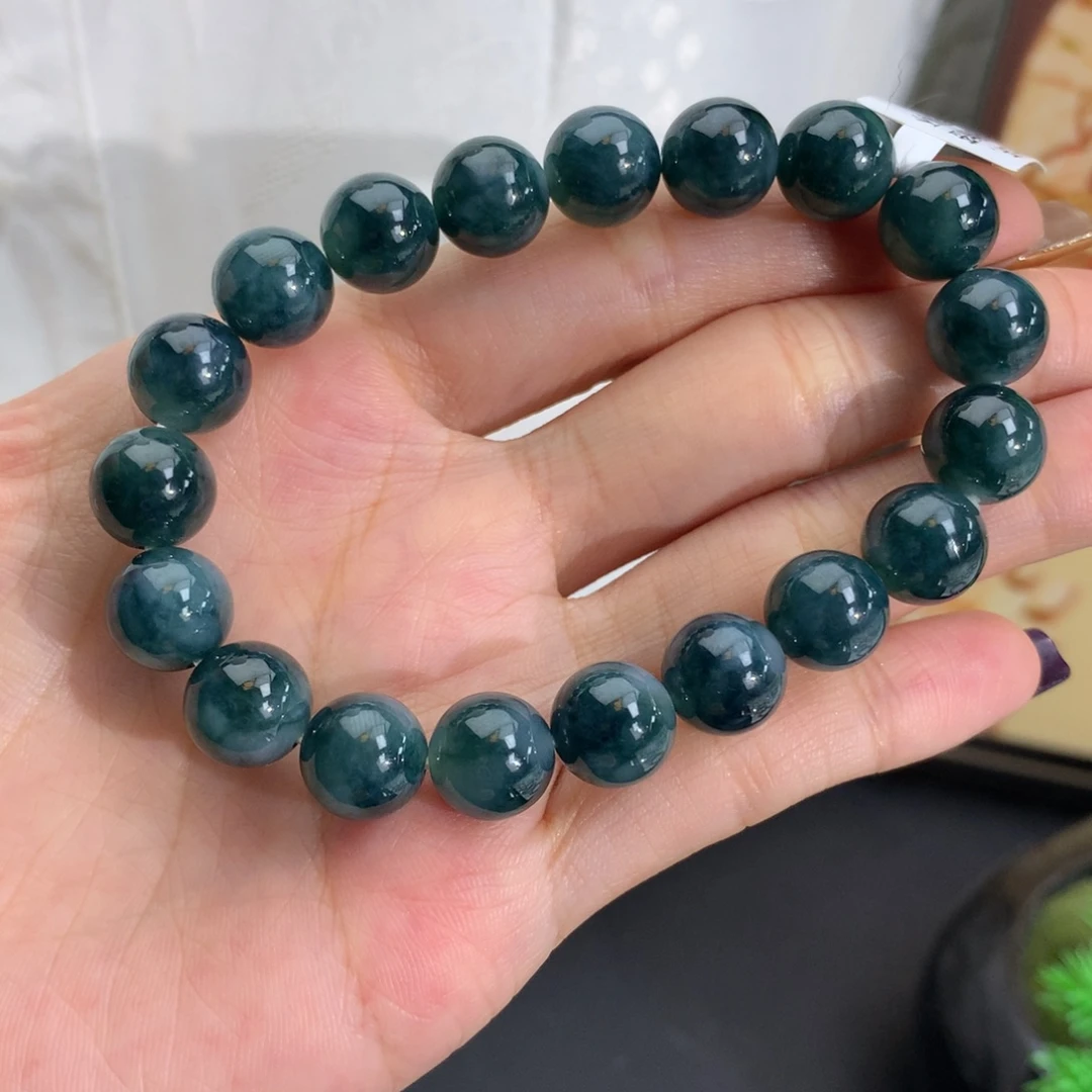 翡翠未镶嵌手串卡9.9胶润浓蓝飘花手串