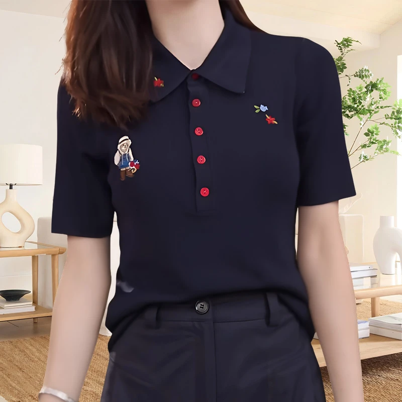 时尚翻领小熊卡通t恤女款2025夏季新款百搭萌趣风POLO衫短袖上衣