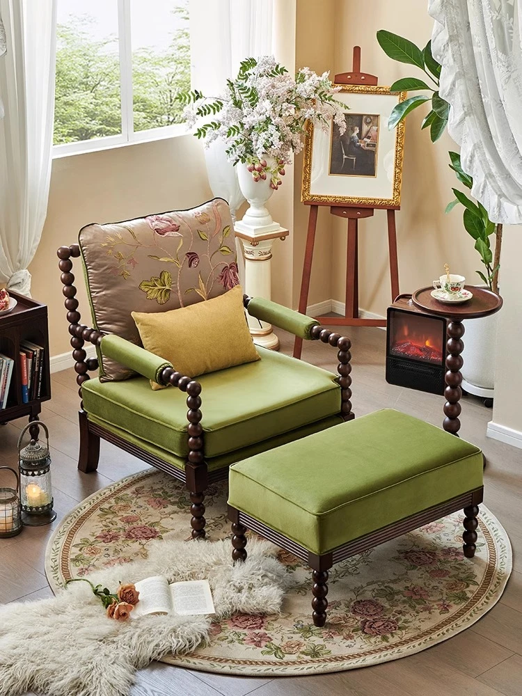 懒人沙发珍珠椅美式复古实木单人沙发法式老虎椅中古风客厅休闲凳