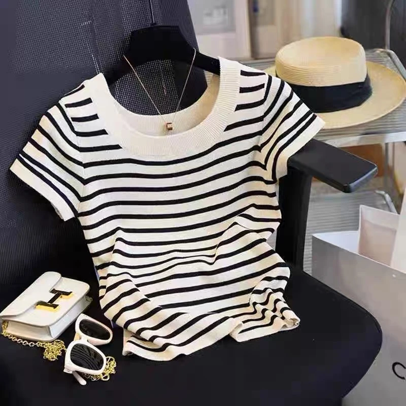 条纹U领针织短袖t恤女2025新款夏季时尚减龄休闲百搭气质洋气上衣