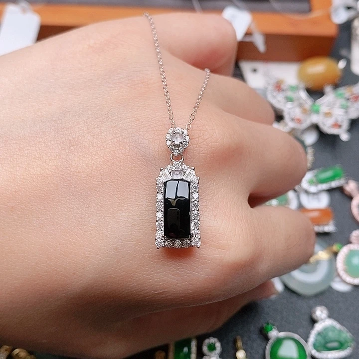 翡翠戒指银S925镶嵌墨翠吊坠