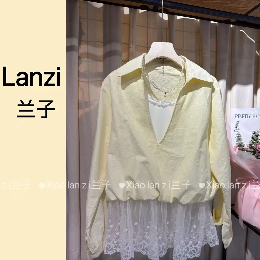 LZ2025春款蕾丝拼接假两件法式衬衫