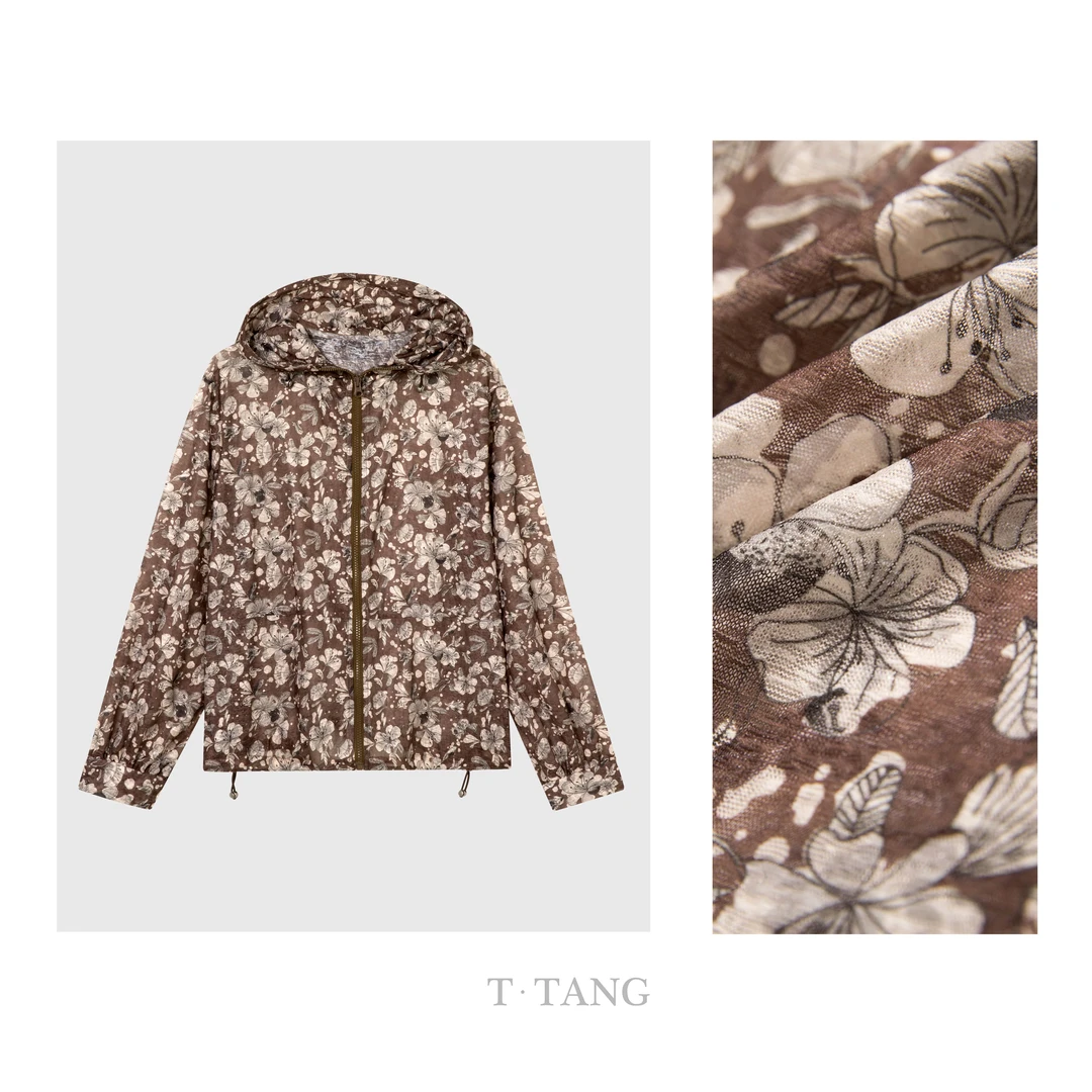 （韩国田园咖花防晒）夏季新款100g纳米丝宽松印花短款外套【7030】jj