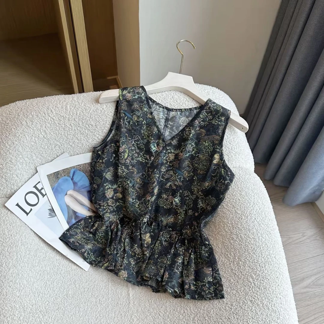 V领碎花无袖薄款2025夏季印花衬衫女装显瘦刺绣新中式