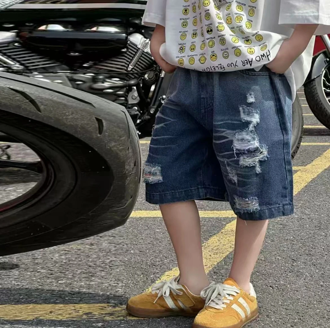 2025夏季新款儿童牛仔裤休闲中裤男孩潮范七分裤HY25208【XBJ】