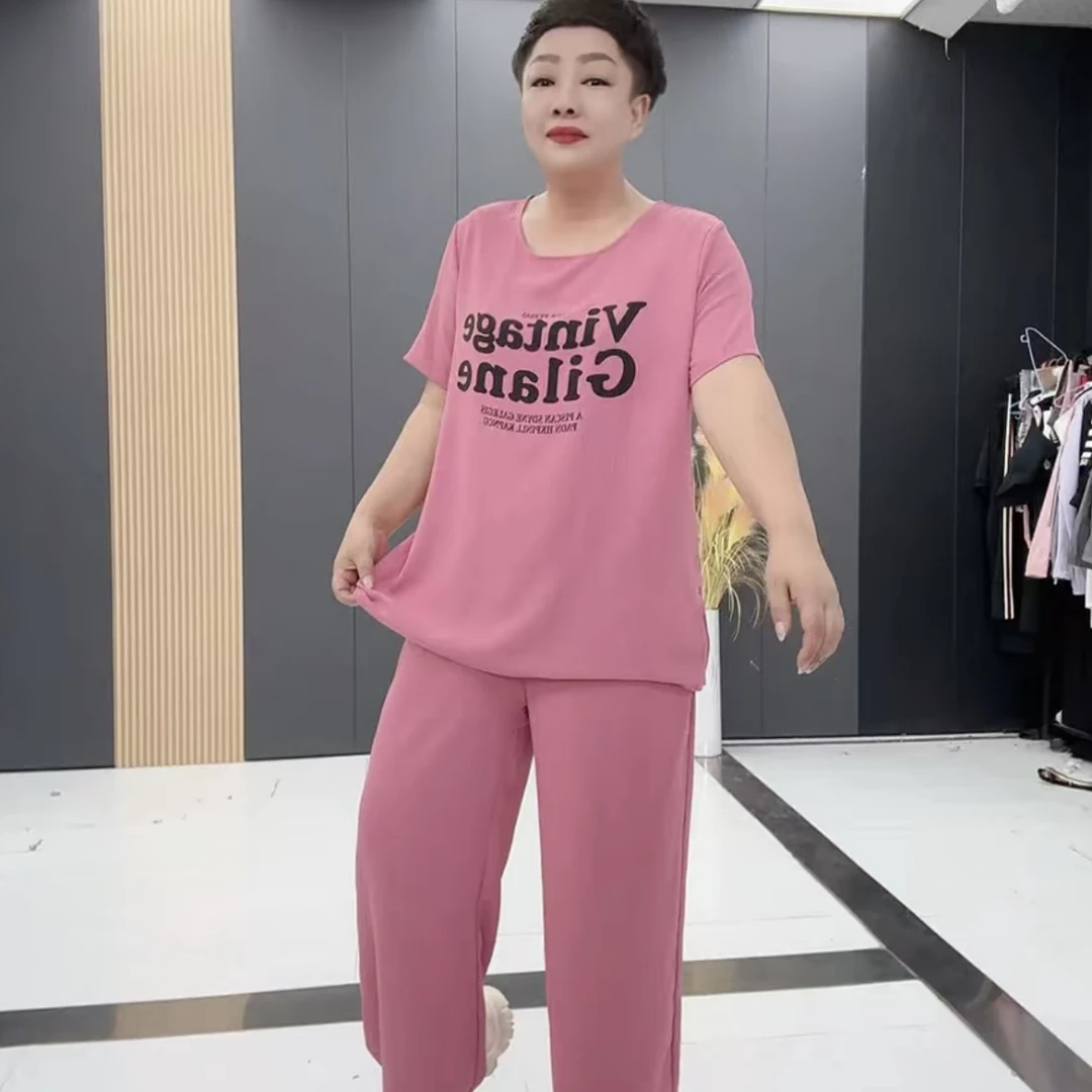 时尚大码洋气百搭显瘦圆领纯色字母休闲套装（上衣+裤子）PML8538