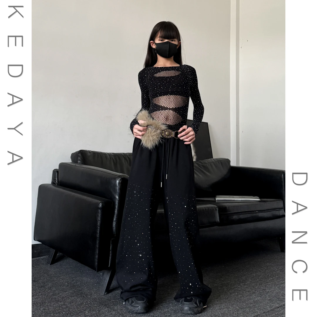 儿童女童爵士舞服少儿舞蹈服网纱满钻连体衣满钻卫裤演出服套装