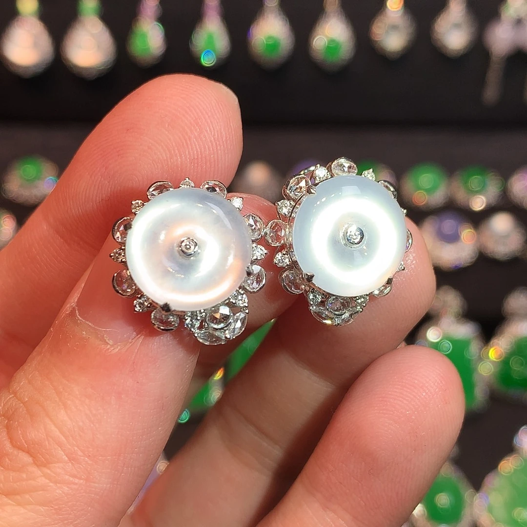 翡翠18K金镶嵌耳饰玻璃种起钢平安扣耳包