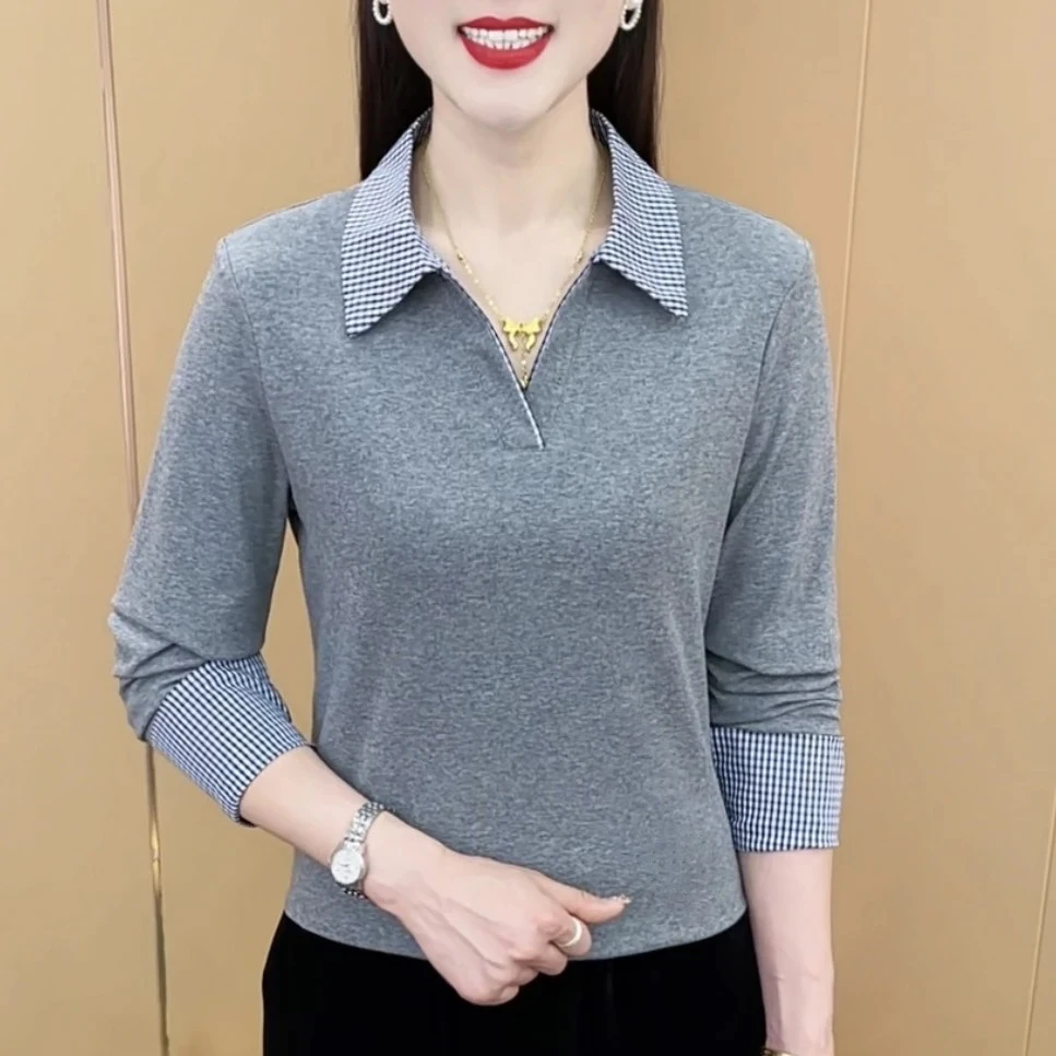 秋季薄款长袖t恤女翻领格子拼接减龄百搭休闲大码妈妈小衫