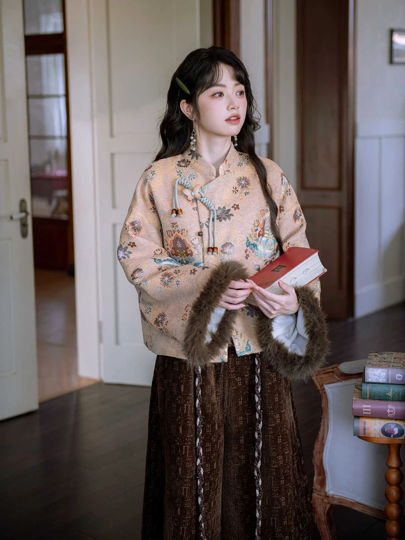 【凤凰谱】复古提花新中式加绒外套阔腿裤休闲裤大方得体两件套