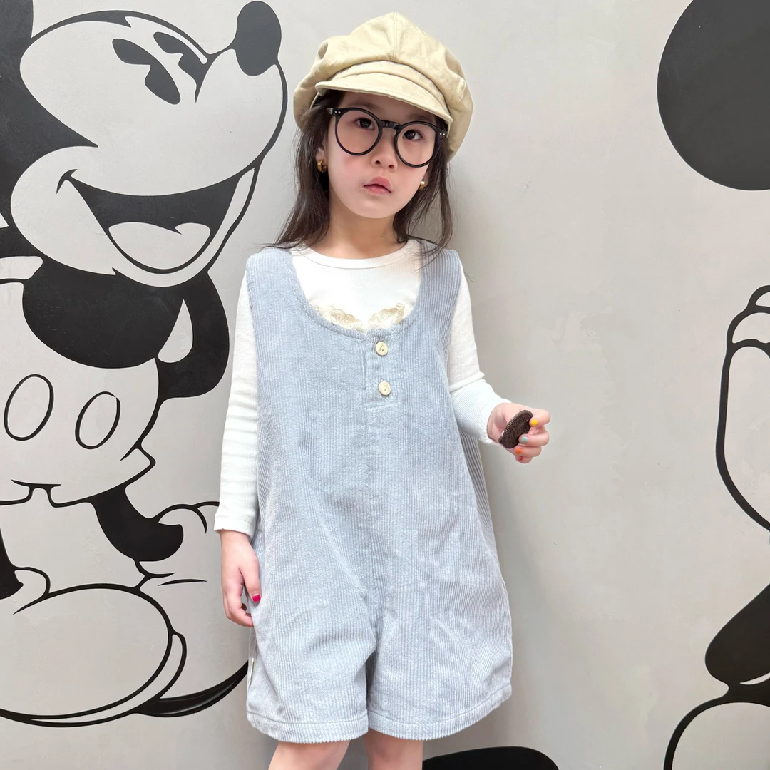 （清仓）夏新款女宝宝灯芯绒镂空白花边韩版蓝色宽松宝宝连体裤