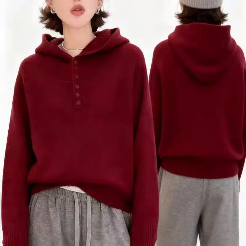 灰色连帽毛衣女秋冬时尚气质慵懒风宽松显瘦减龄洋气针织帽衫上衣