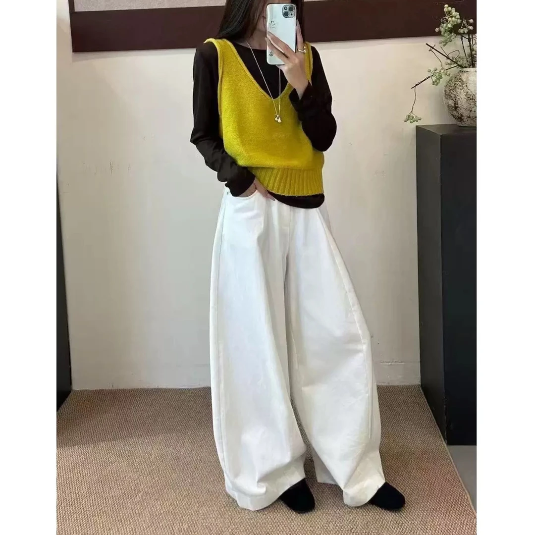 韩系黄色v领针织无袖坎肩马甲女早秋叠穿短款毛衣背心上衣女外搭