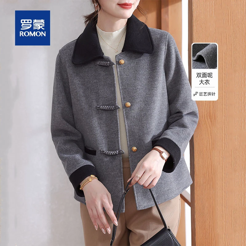 罗蒙妈妈春秋时尚短款毛呢外套新款中老年女装洋气质双面呢子上衣